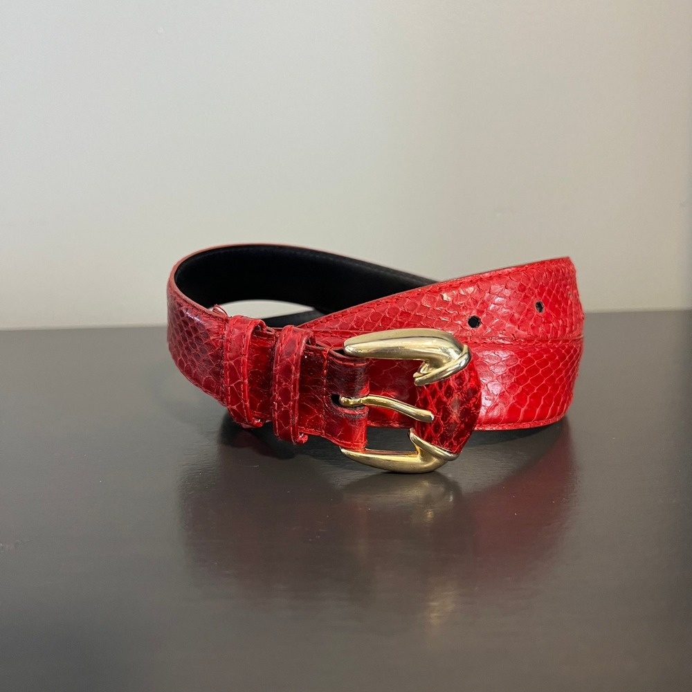 Omega Bright Red Genuine Snake Skin Belt Gold Buckle Vintage Large  mobwife 90s